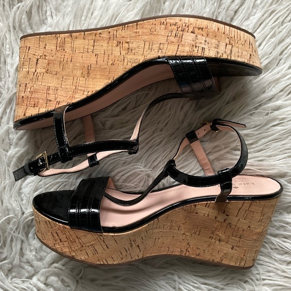 Kate Spade Tallin Black Patent Leather T-Strap Cork Platform Wedge Sandal EUC 10 - Picture 3 of 11